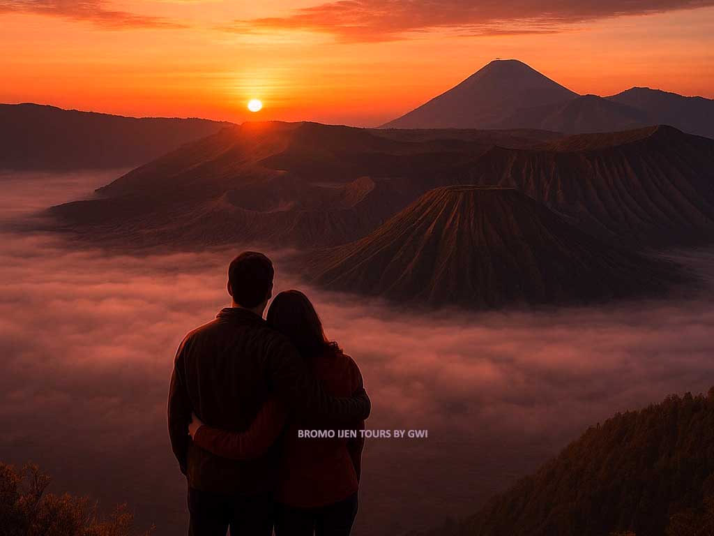 Majestic Mount Bromo sunrise over volcanic landscape with caldera and mist in East Java, Indonesia.